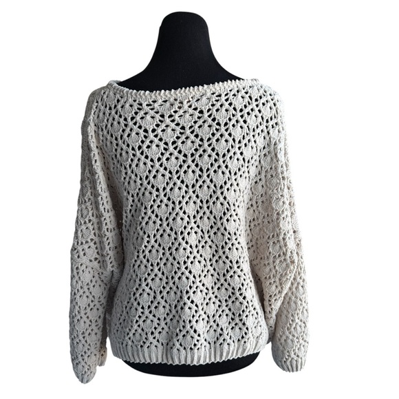 Pol Crochet Open Knit Sweater Beige Tan Neutral Relaxed Fit Womens S Boho Dolman - Picture 5 of 9